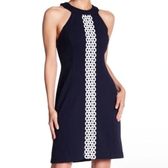 Eliza J Navy Dress Circle Eyelet High Neck Sheath Dress Size 8 - Picture 1 of 6